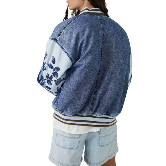 Free People Team Spirit Jacket Floral Roses Embroidered Sleeves Striped XS NEW - Picture 3 of 9